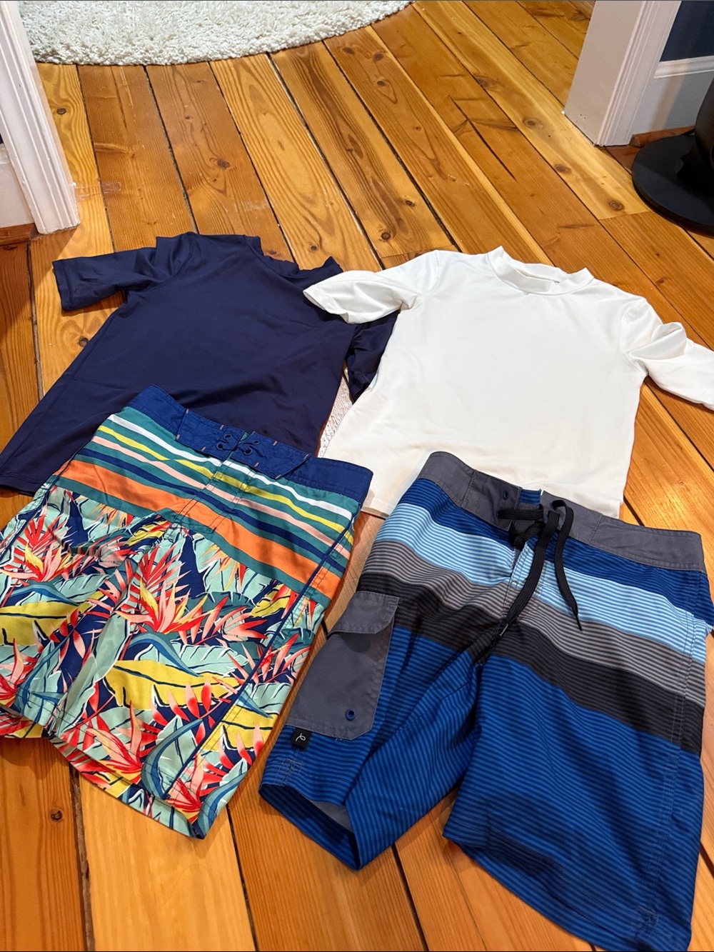 art class Boys Navy & White Rash Guards with Tropical & Blue Stripe Swim Trunks